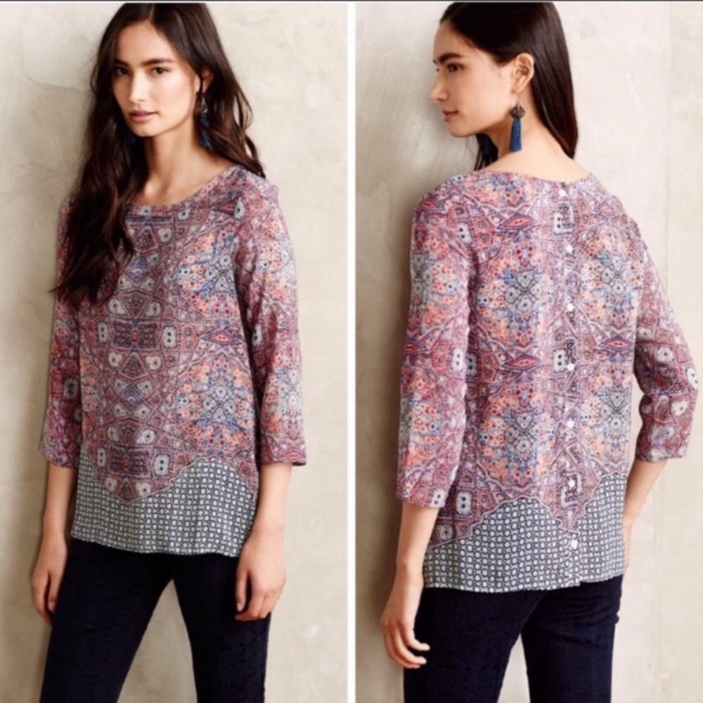 Anthropologie | Maeve Silk Print Blouse button back